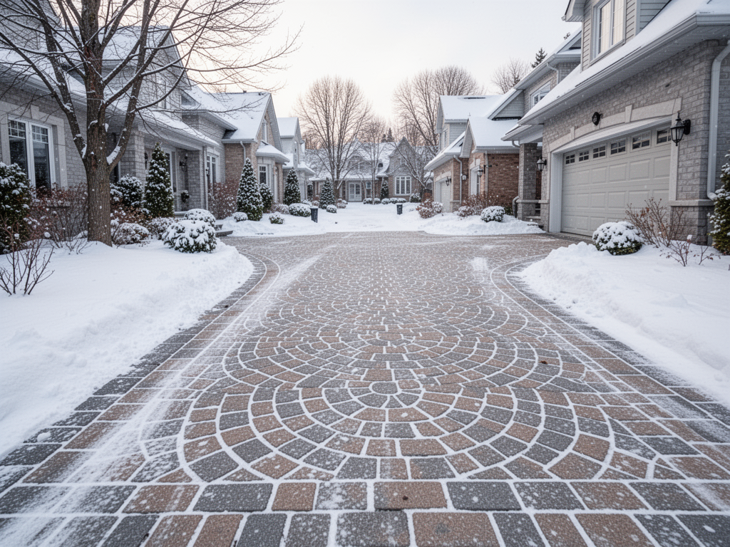Pavé uni enneigé lors d'un hiver au Québec